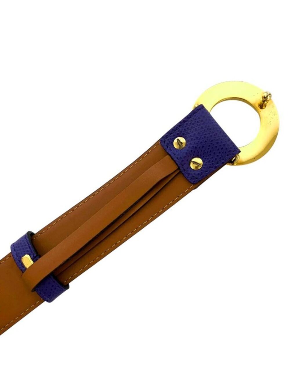 Celine Vintage Circle Logo Buckle Ball Tip Clasp Leather Belt Purple Gold - Picture 4 of 8